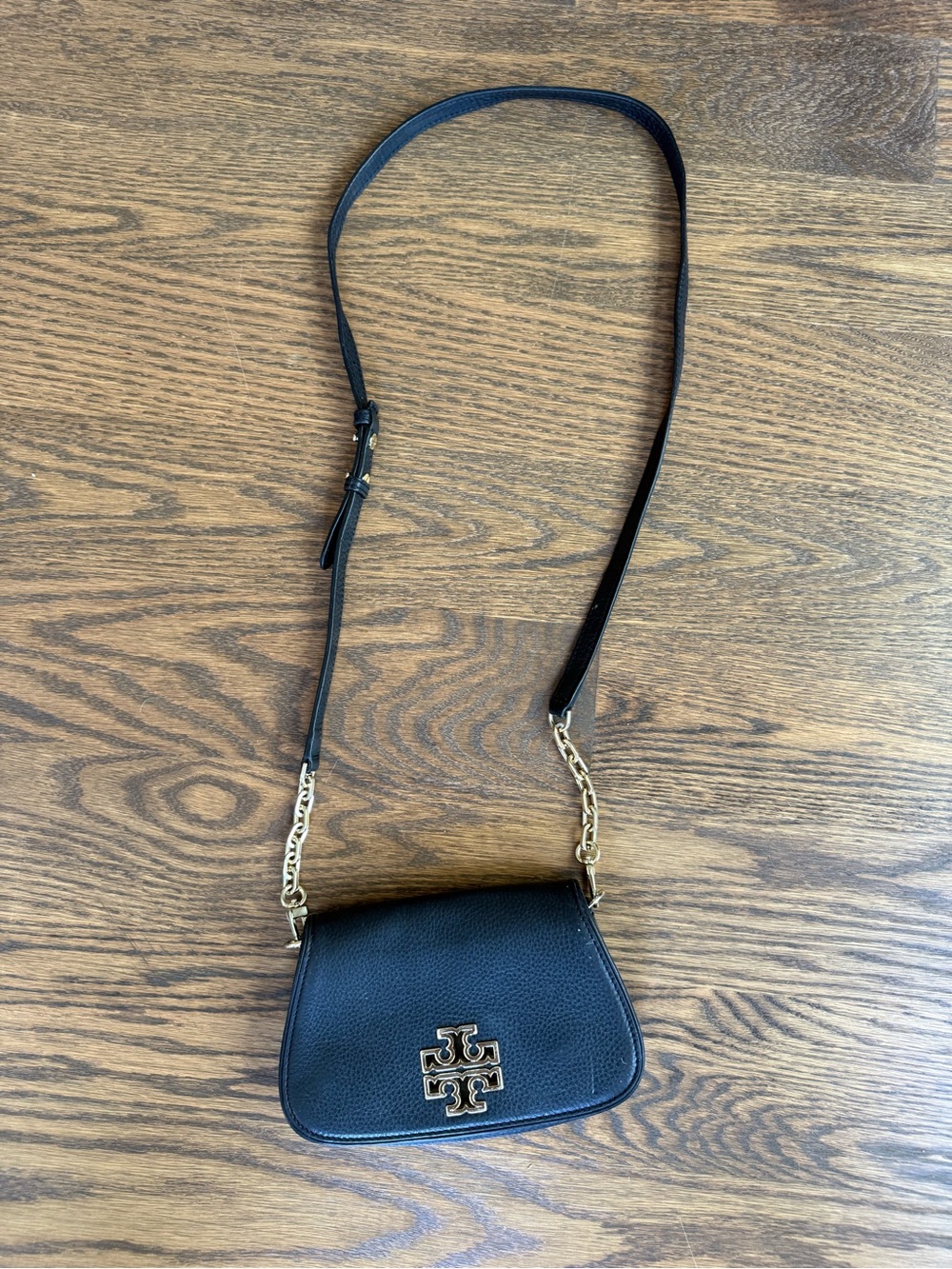 Tory Burch Black Pebbled Leather Crossbody with Gold Logo